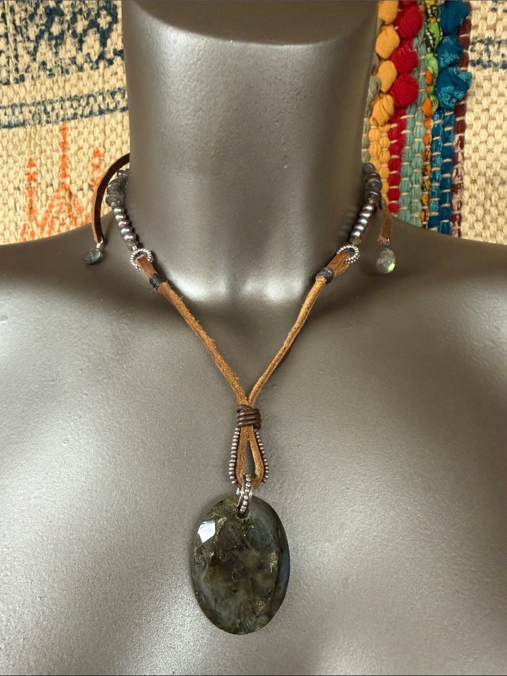 Gorgeous one of a kind labradorite/leather cord tie back necklace. New with tags